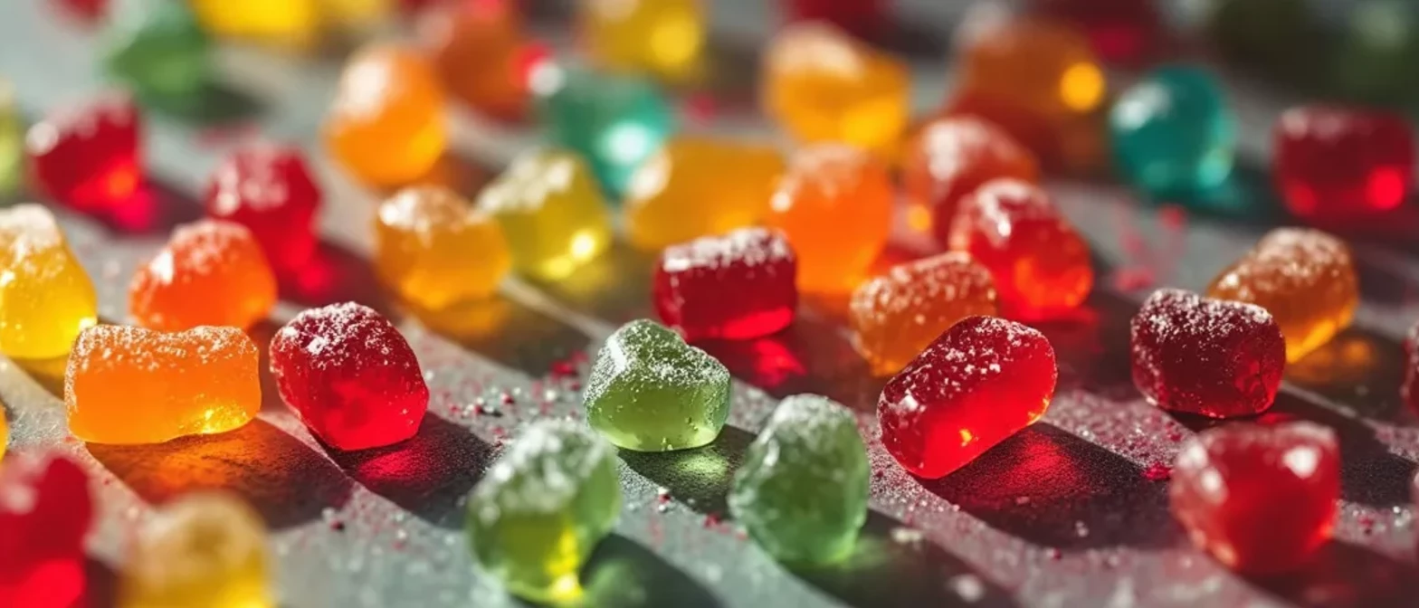 Variety of colorful gummy candies scattered on a surface