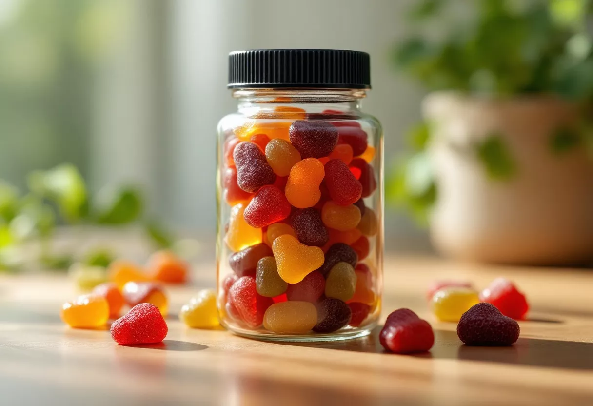 Jar filled with colorful gummy candies on a table