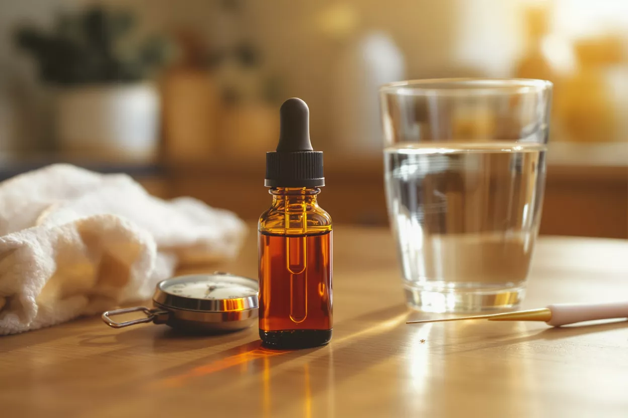 Flacon compte-gouttes ambré d'huile de CBD, verre d'eau et petite serviette blanche sur une table en bois.