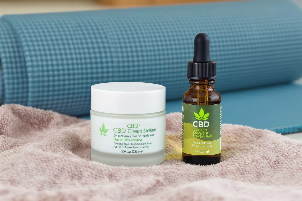 Pot de crème de CBD et flacon compte-gouttes d'huile sur une serviette rose avec un tapis de yoga bleu.