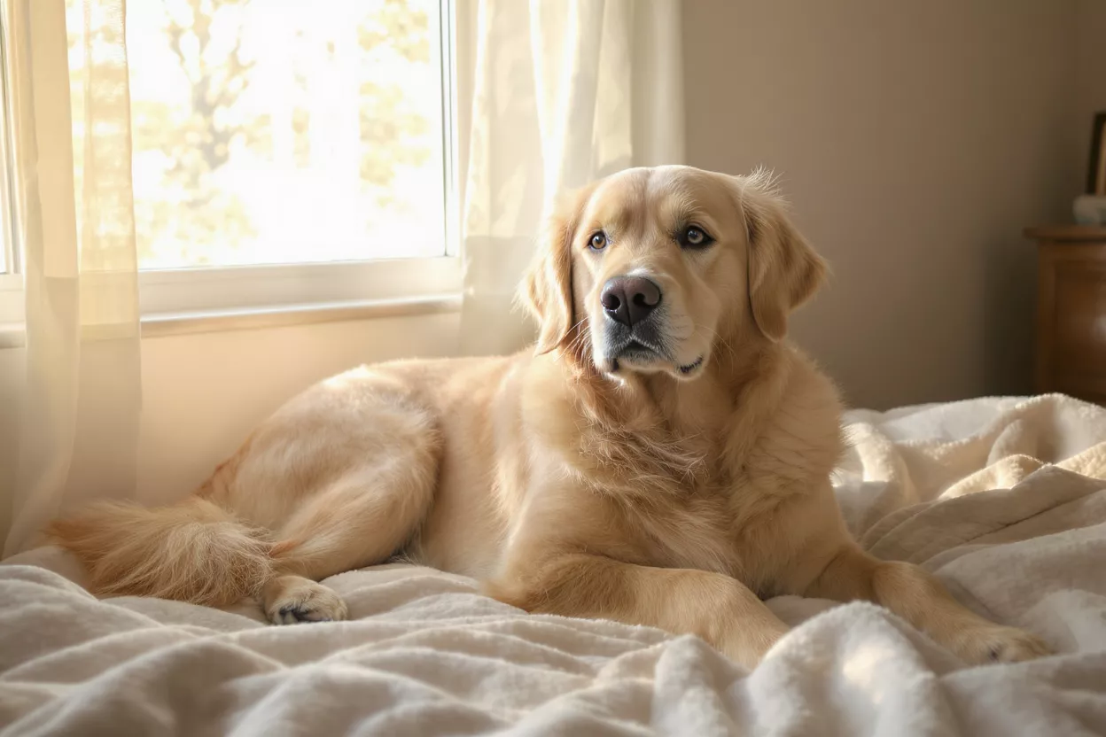 A golden retriever dog lies on a soft white blanket near a sunlit window.