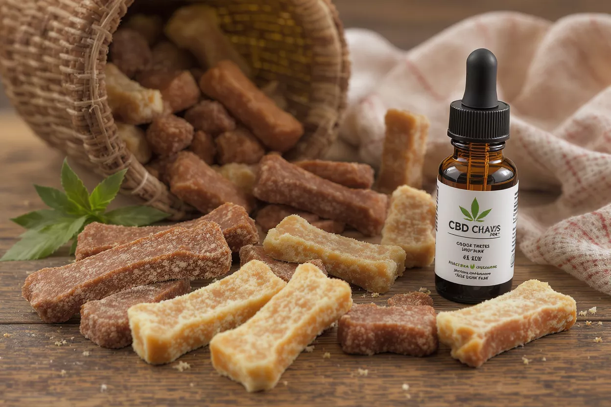 CBD oil dropper bottle with bone-shaped dog treats spilling from a basket.