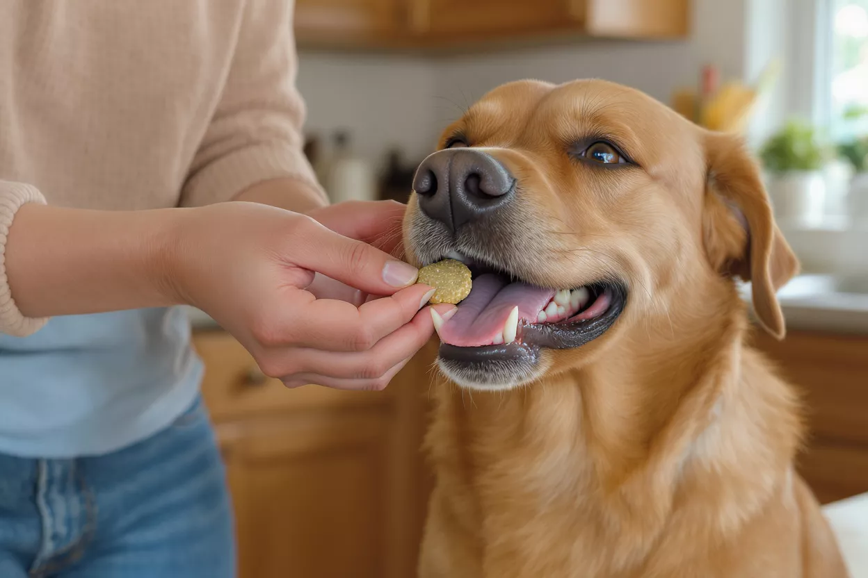 A person's hand feeding a round, light-colored treat to a happy golden retriever.