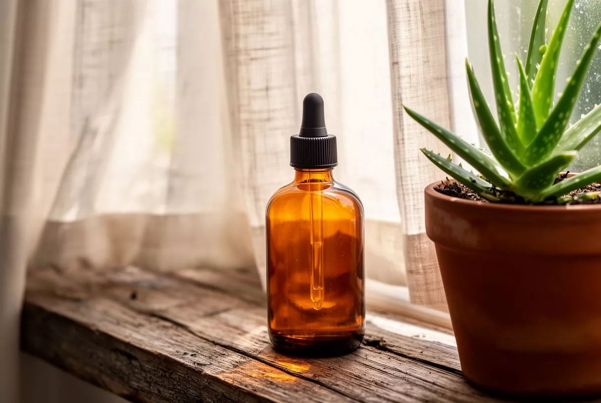 Amber dropper bottle and potted aloe vera plant on a rustic wooden windowsill.