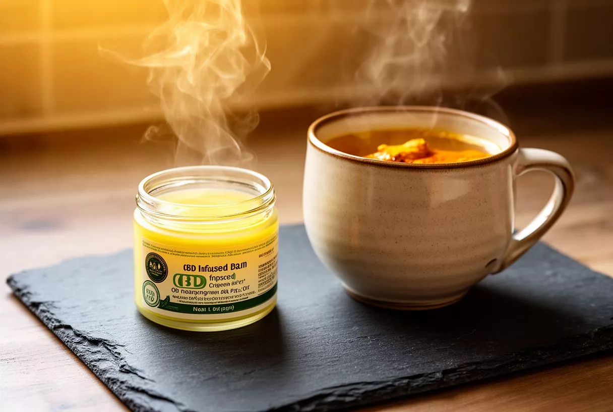 CBD infused balm jar next to a steaming mug of warm beverage on a slate board.