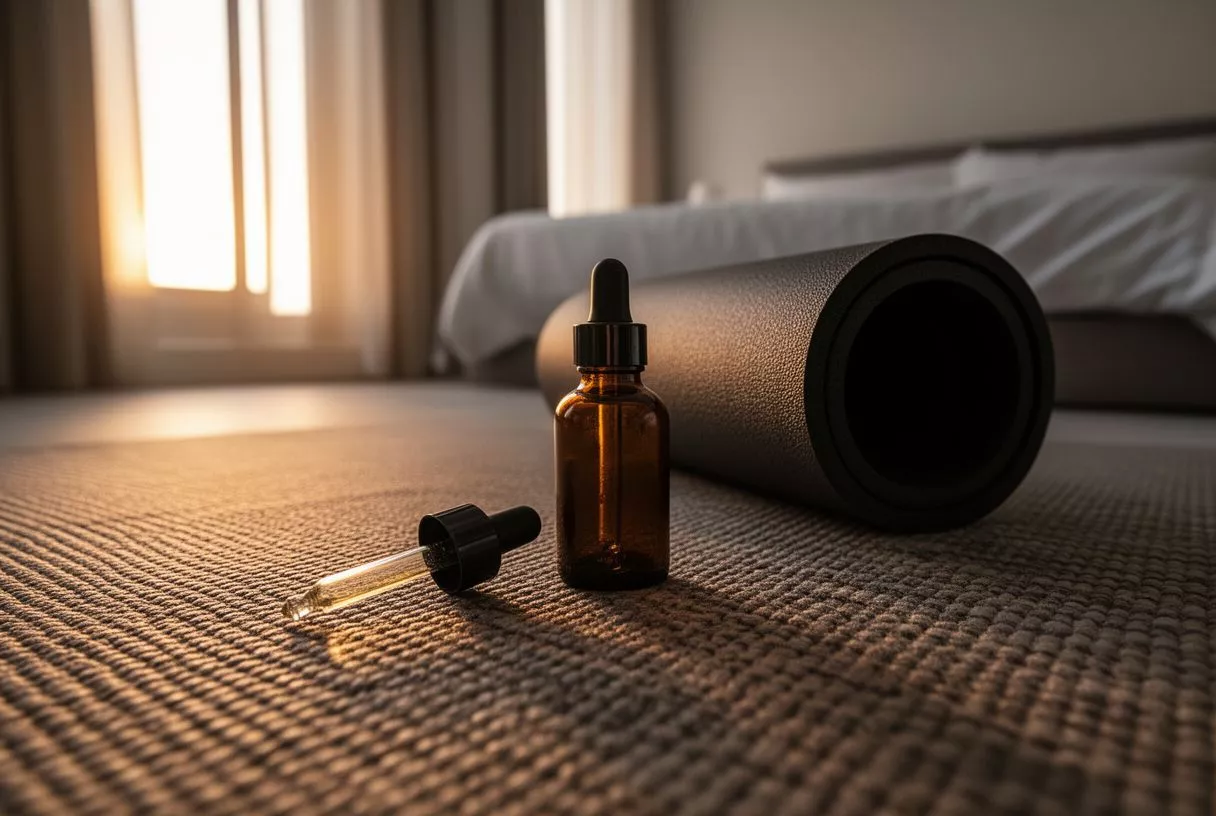 Amber dropper bottle and yoga mat on carpet in sunlit bedroom.