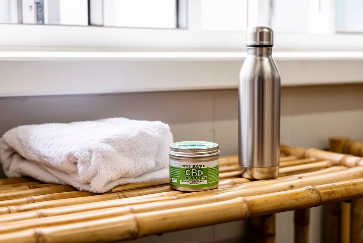 CBD balm, folded white towel, and stainless steel water bottle on bamboo bench.