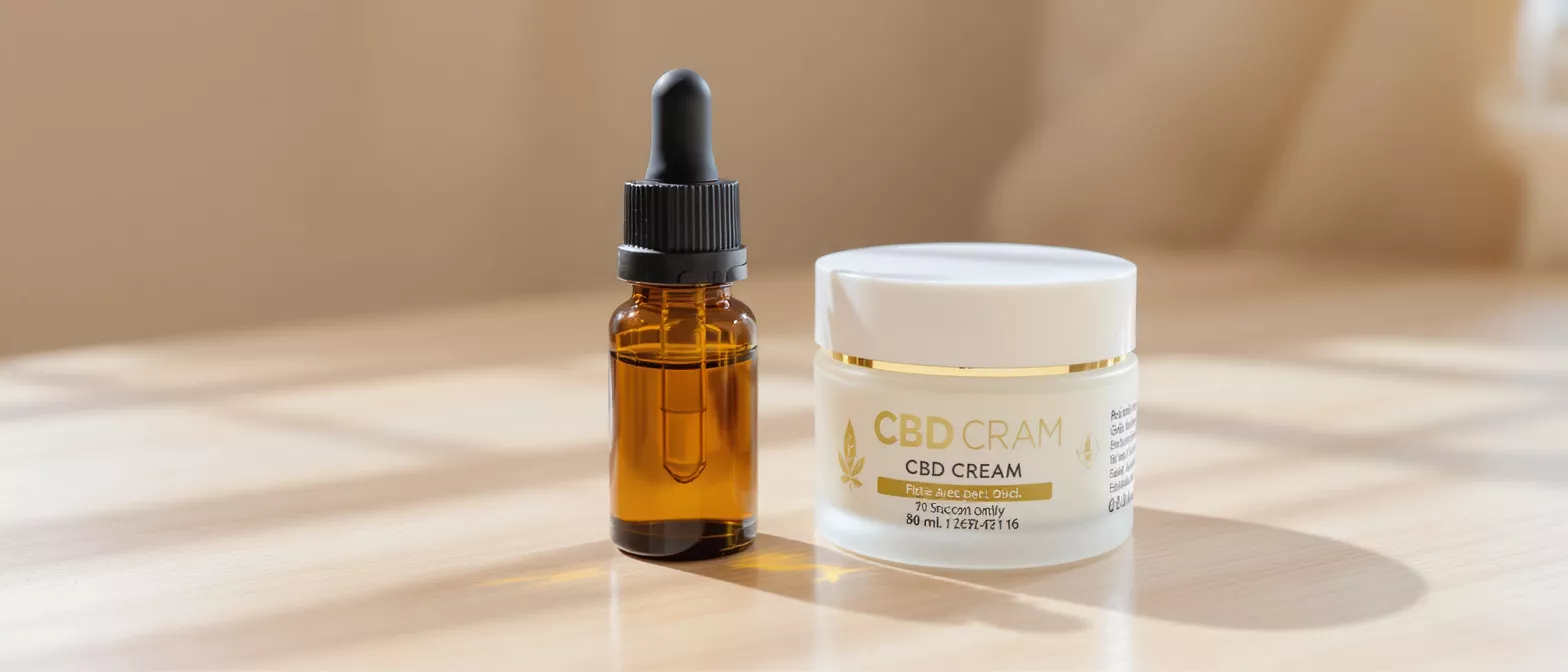 Amber dropper bottle of CBD oil next to a jar of CBD cream.