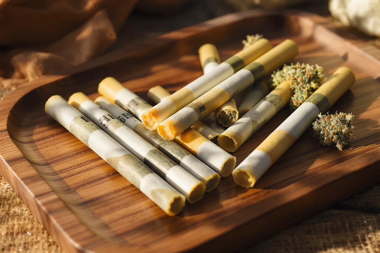 Several cannabis pre-rolls and dried buds on a wooden tray, bathed in warm light.