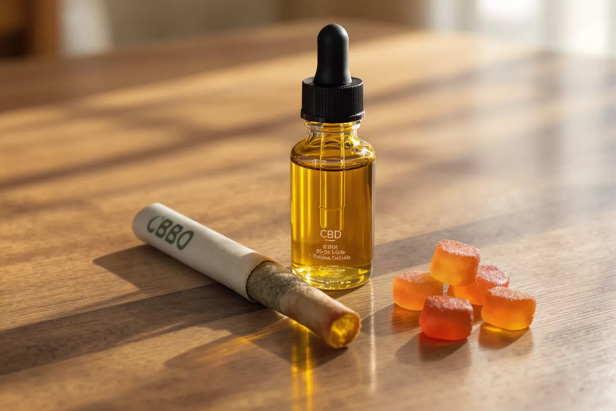 CBD oil, gummies, and pre-roll on a wooden table, bathed in natural light.