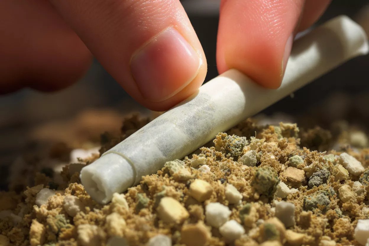 Close-up of fingers rolling a cannabis joint on a bed of ground cannabis.