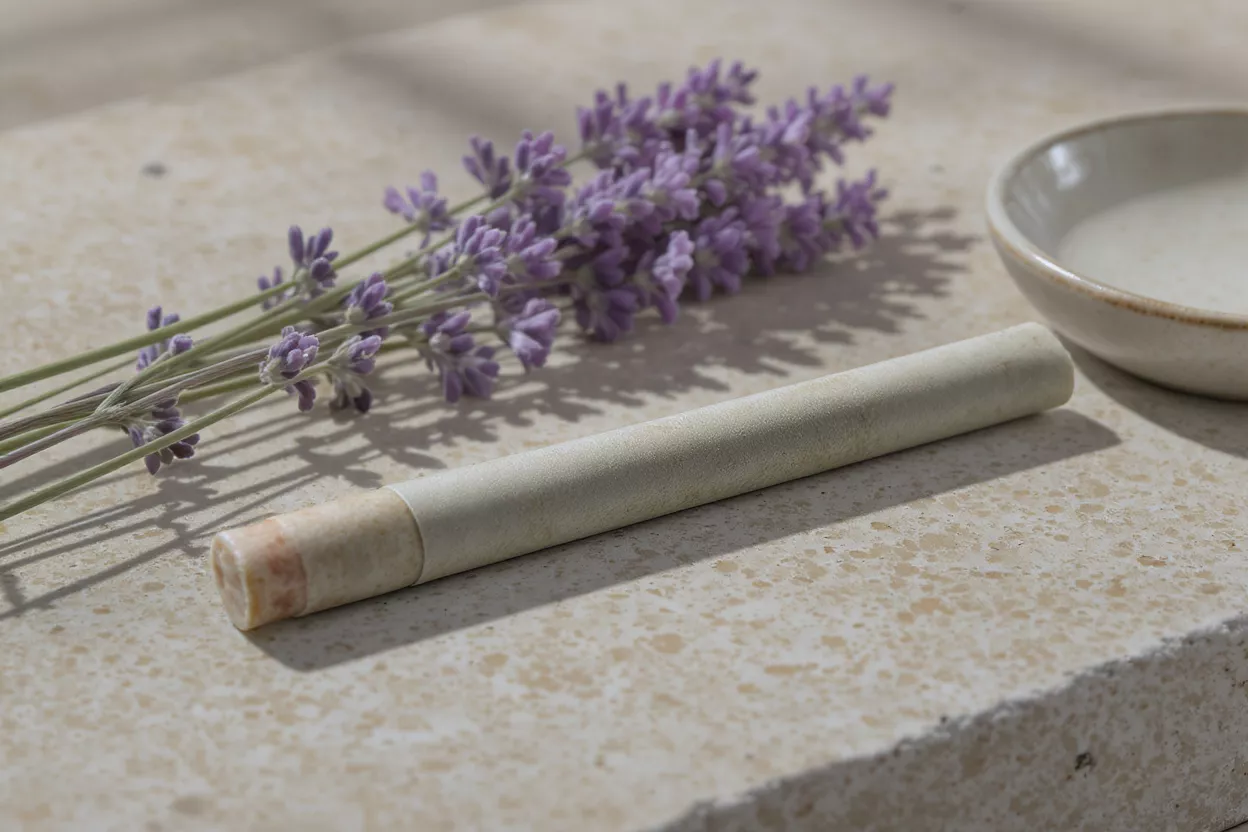 Aromatherapy stick, lavender, and bowl on a light speckled surface.