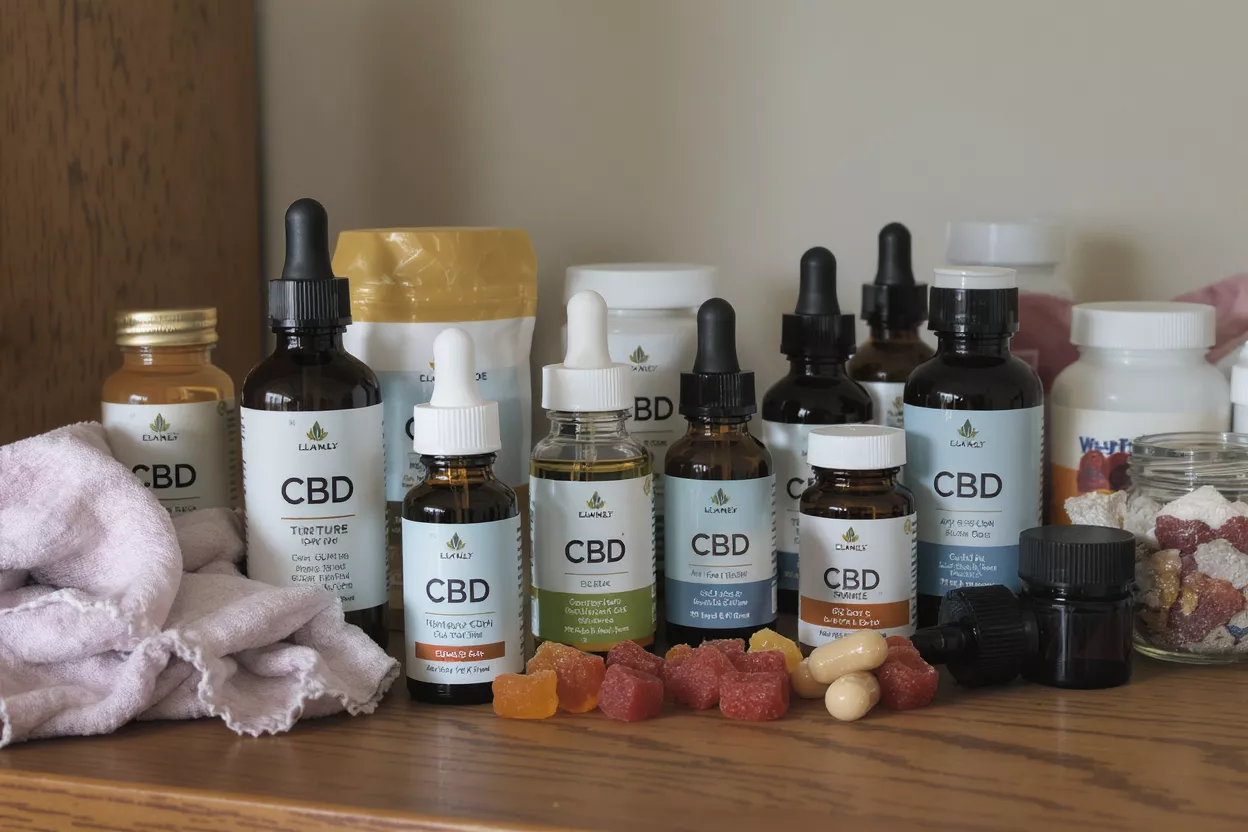 Varios productos CBD incluyendo aceites y gomitas