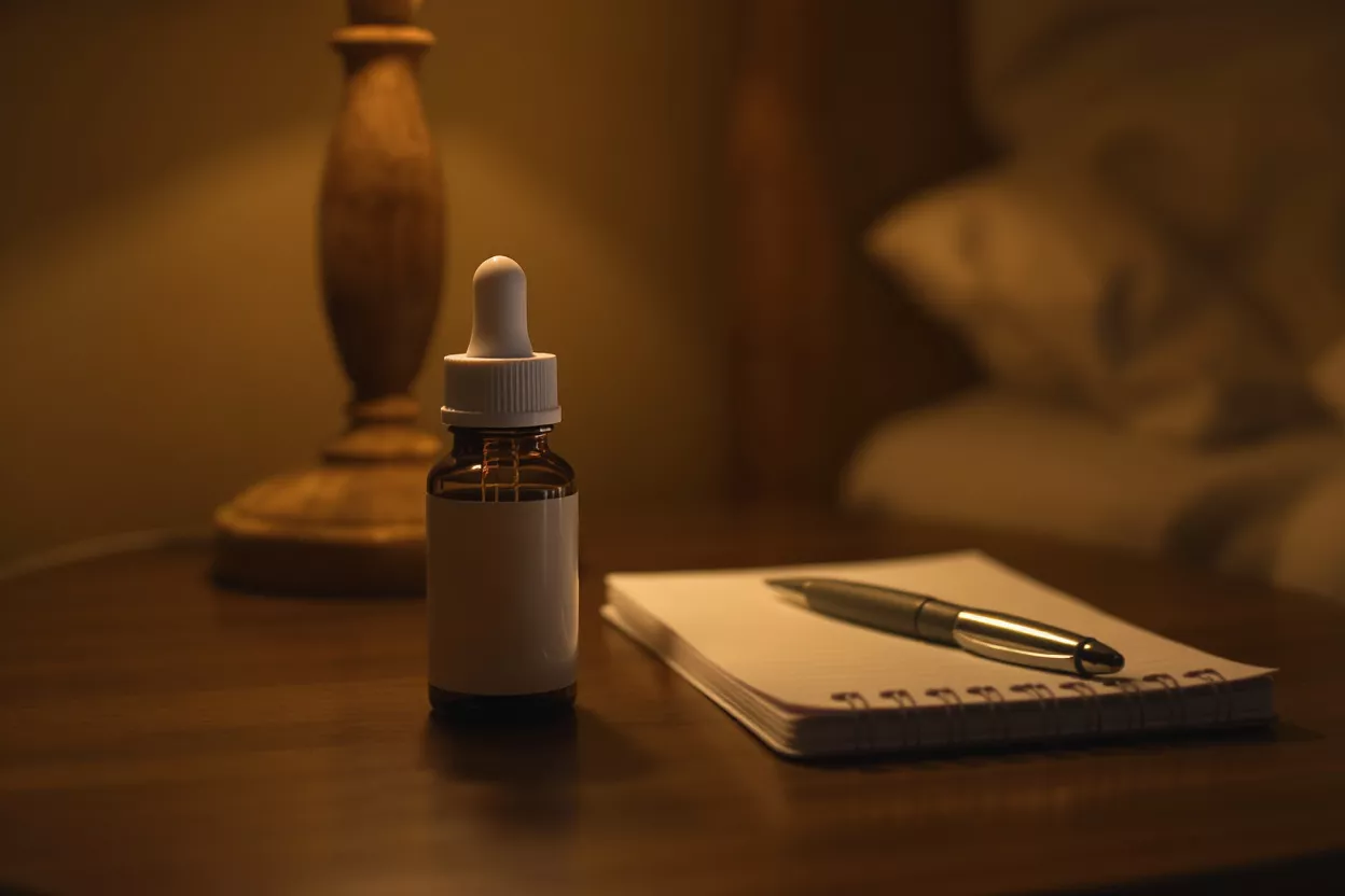 Frasco con gotero, cuaderno y bolígrafo en una mesita de noche con una lámpara y una cama.