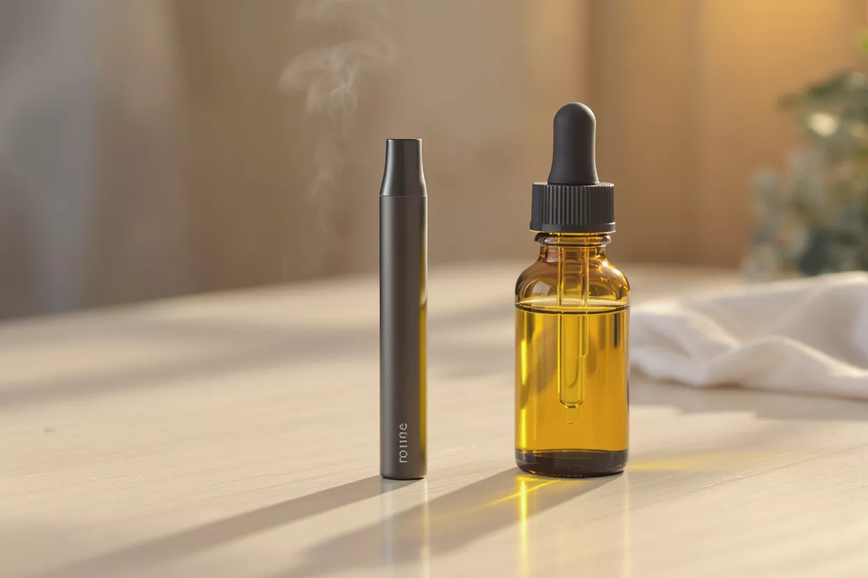 Un vape pen gris oscuro con un frasco de líquido e marrón sobre una superficie de madera clara.