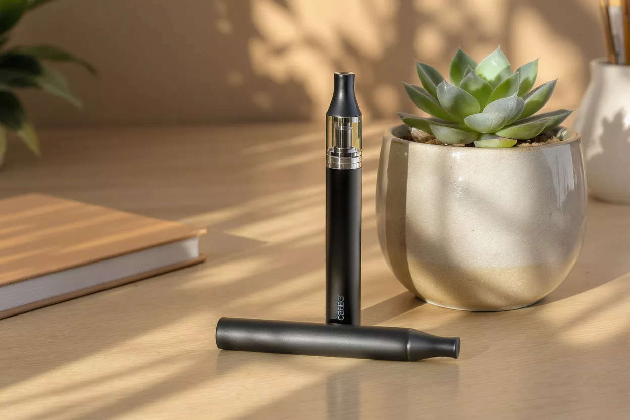Deux stylos vape noirs sur un bureau en bois avec une plante grasse et un carnet.