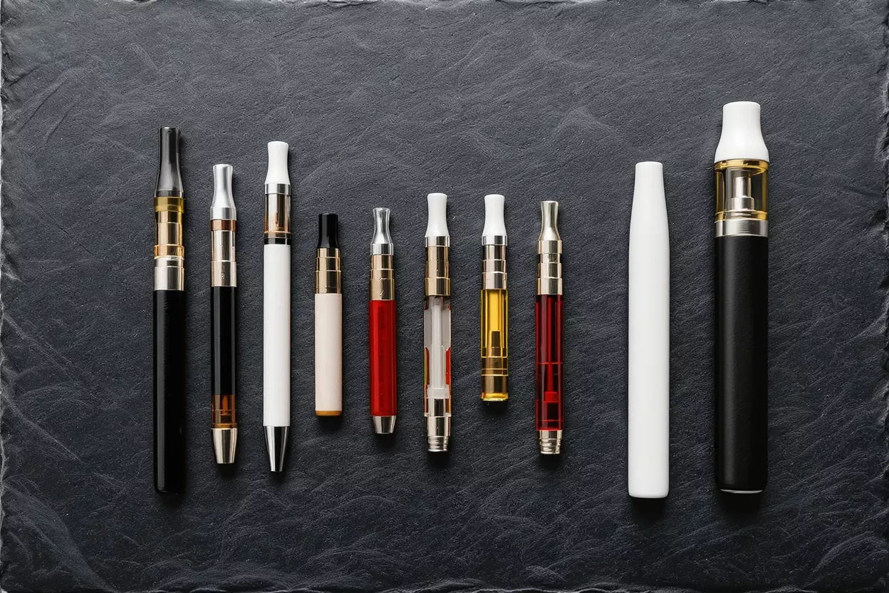 Una variedad de vaporizadores y cigarrillos electrónicos exhibidos sobre un fondo de pizarra oscuro.
