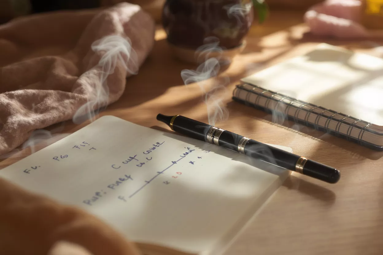 Una pluma estilográfica negra y dorada descansa sobre un cuaderno con notas manuscritas y humo.