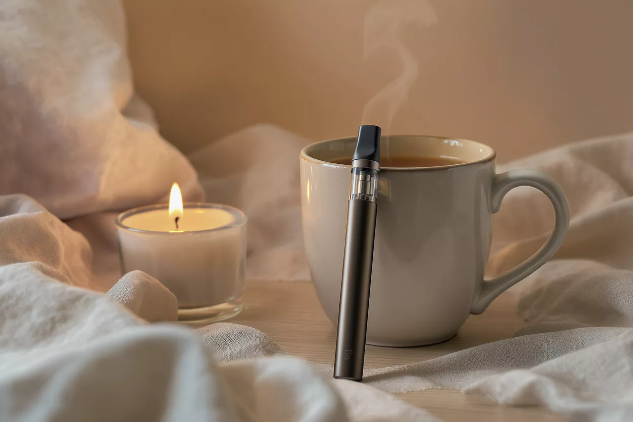 Une batterie de cigarette électronique à côté d'une tasse de café fumante et d'une bougie allumée.