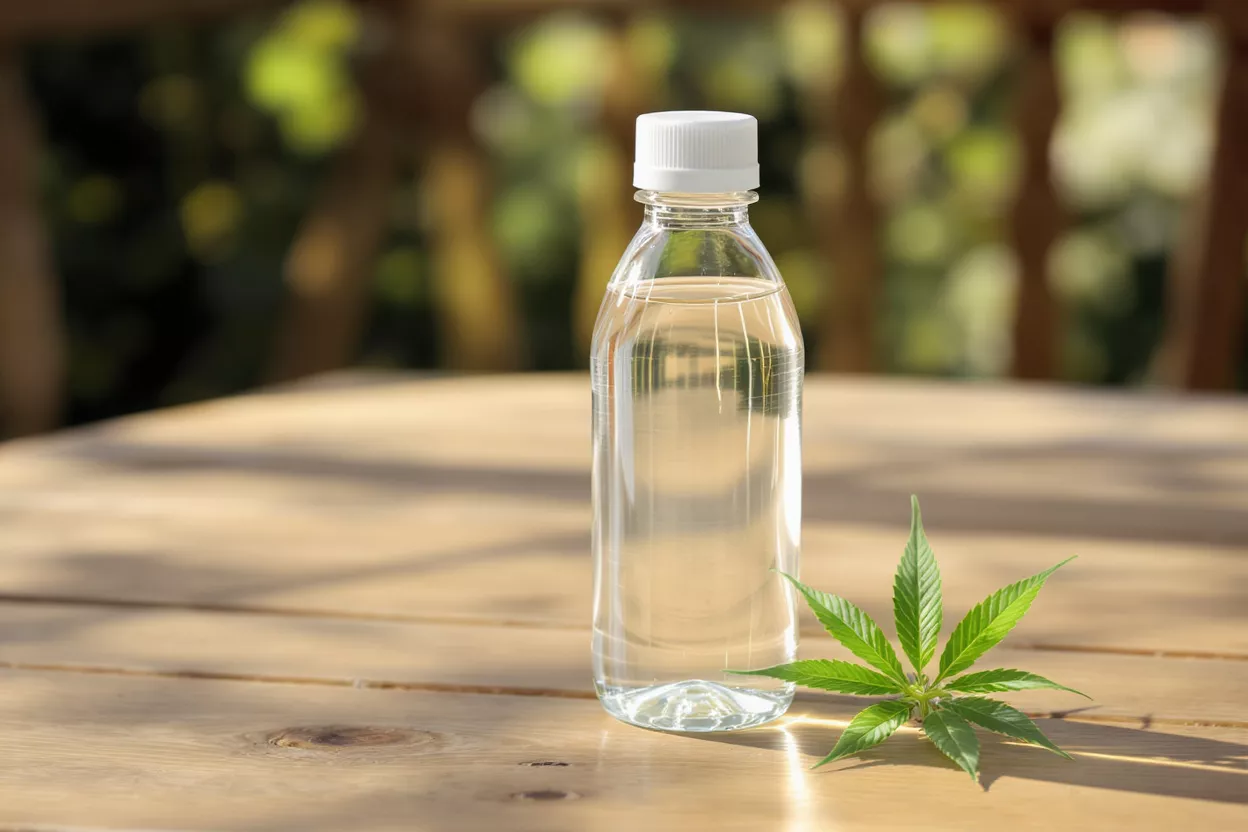 Clear water bottle with white cap next to a green hemp leaf on a wooden table.