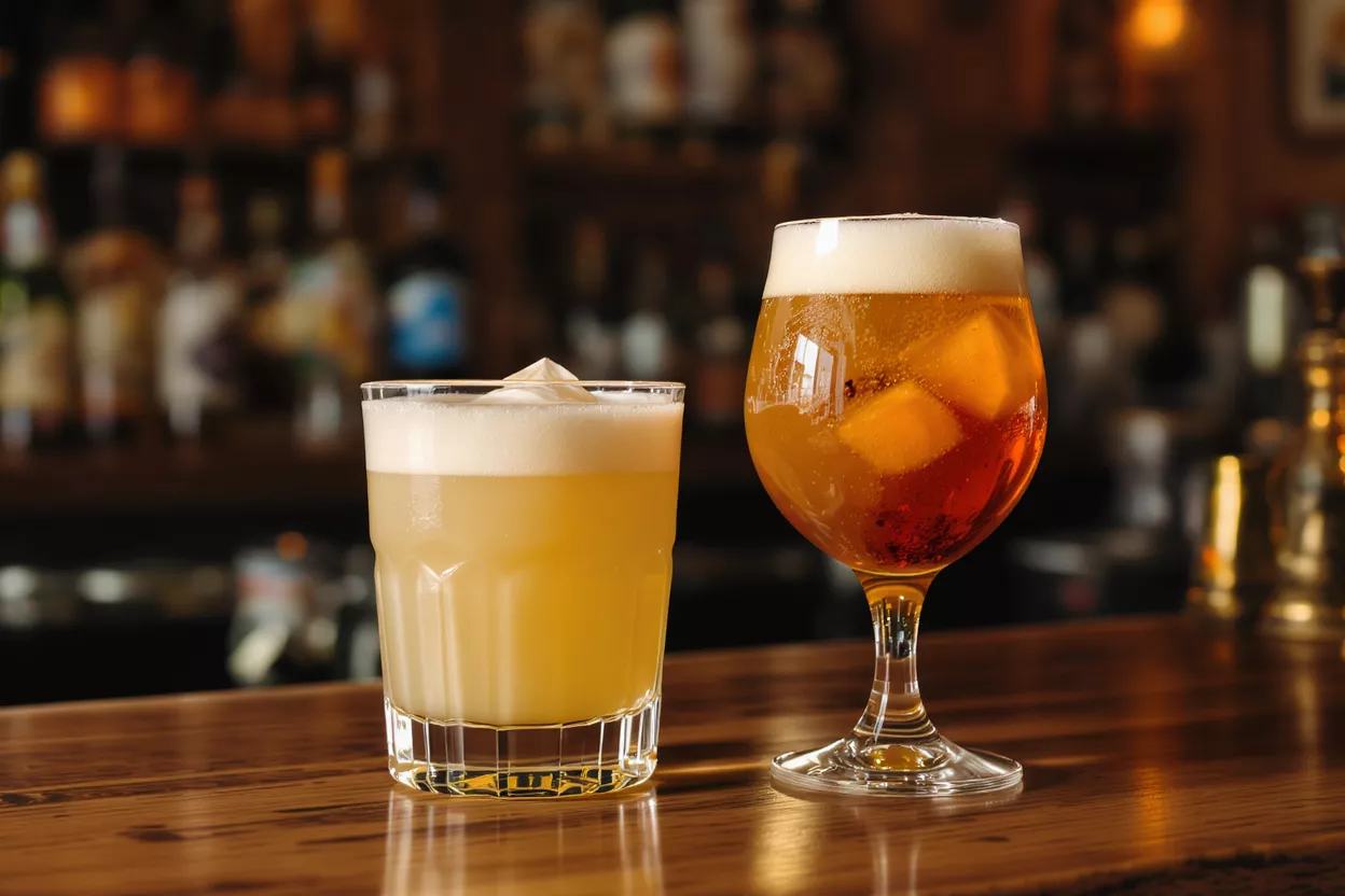 Two cocktails, one yellow with foam, one amber with ice, on a bar.