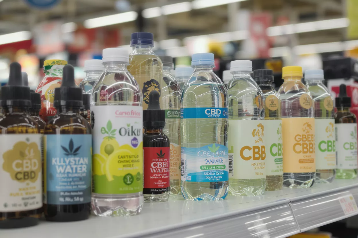 Various CBD-infused drinks and tinctures displayed on a supermarket shelf.