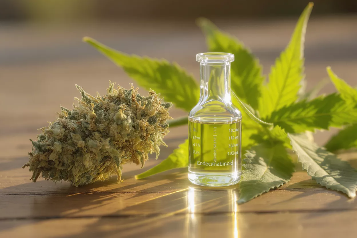 Cannabis Bud and Endocannabinoid Oil Cannabis bud, endocannabinoid oil in vial, and leaves on wooden surface.