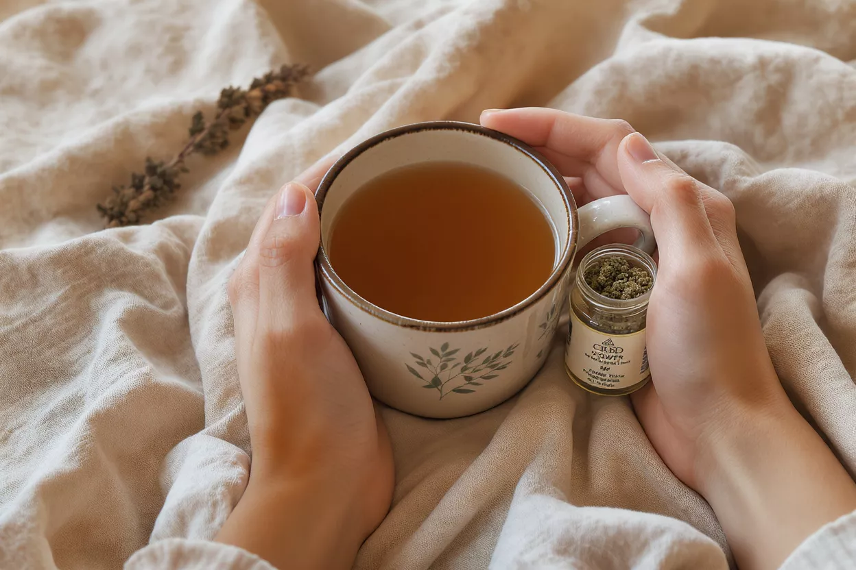 Cozy CBD Tea Relaxation Hands holding a warm tea cup and a small jar of CBD flower on a blanket.