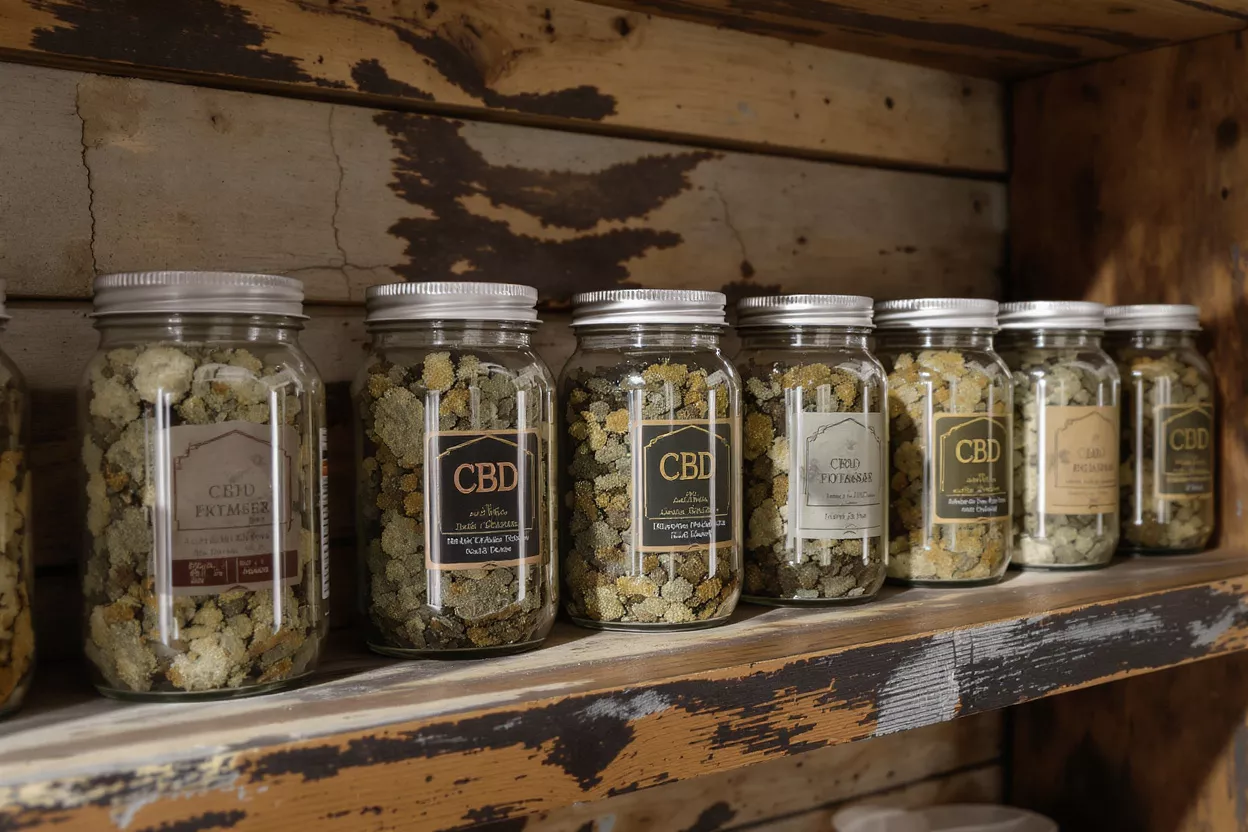 CBD Flower Jars on Wooden Shelf Several glass jars filled with CBD flower buds on a rustic wooden shelf.