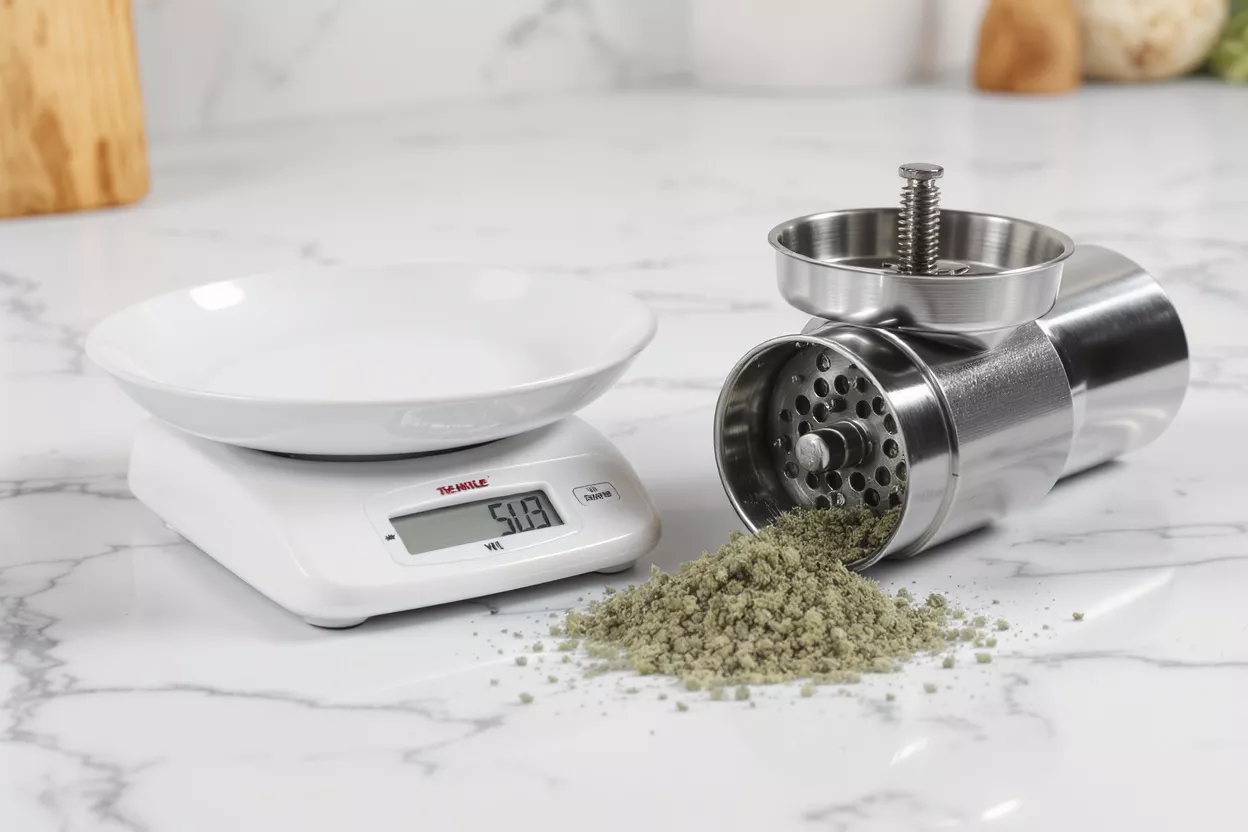 Herb Grinder and Digital Scale Stainless steel herb grinder and digital scale with ground herbs on a marble counter.