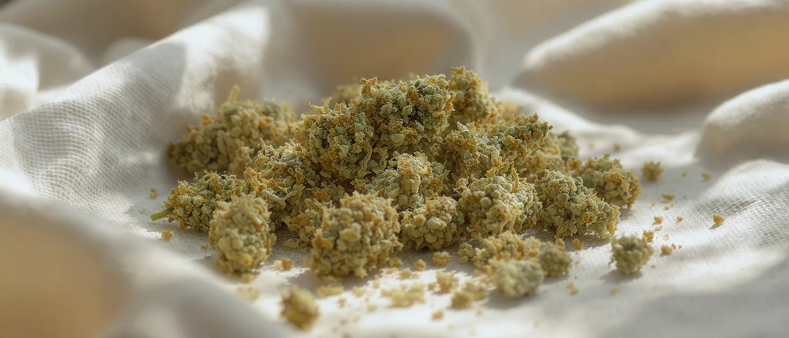 Close-up of dry sift kief cannabis buds on a light cloth.