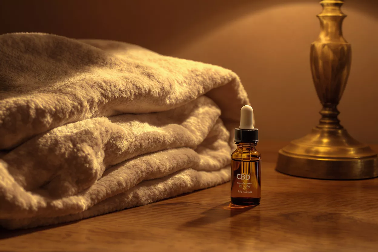 CBD oil bottle next to a soft blanket and brass lamp in warm light.