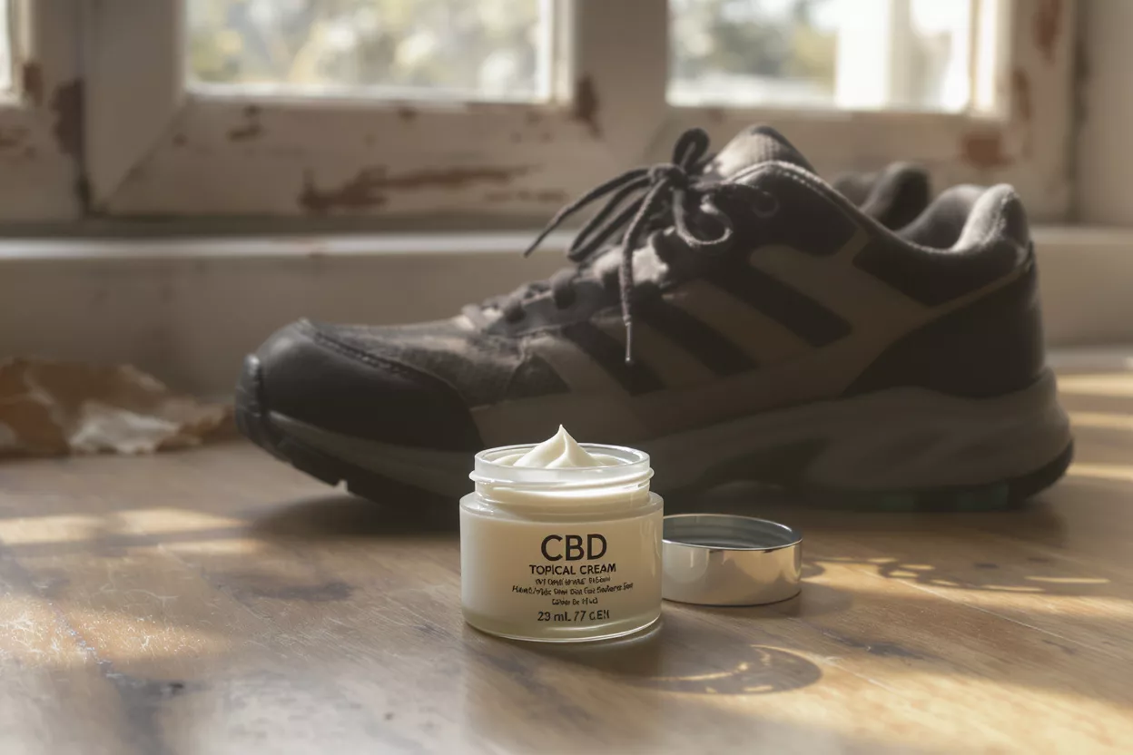 CBD topical cream jar with a running shoe on a wooden surface.