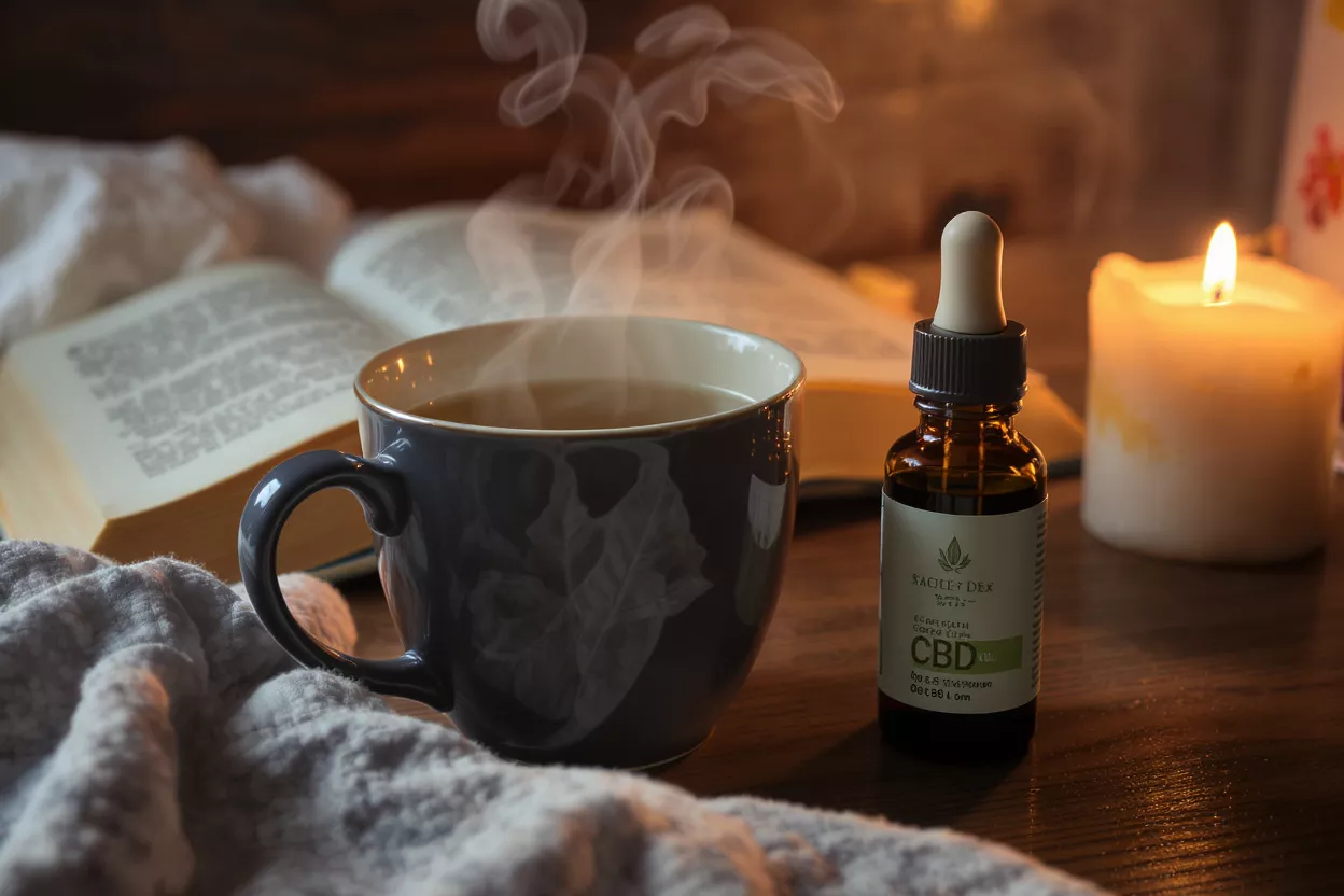 CBD oil bottle next to steaming mug, open book, and lit candle.