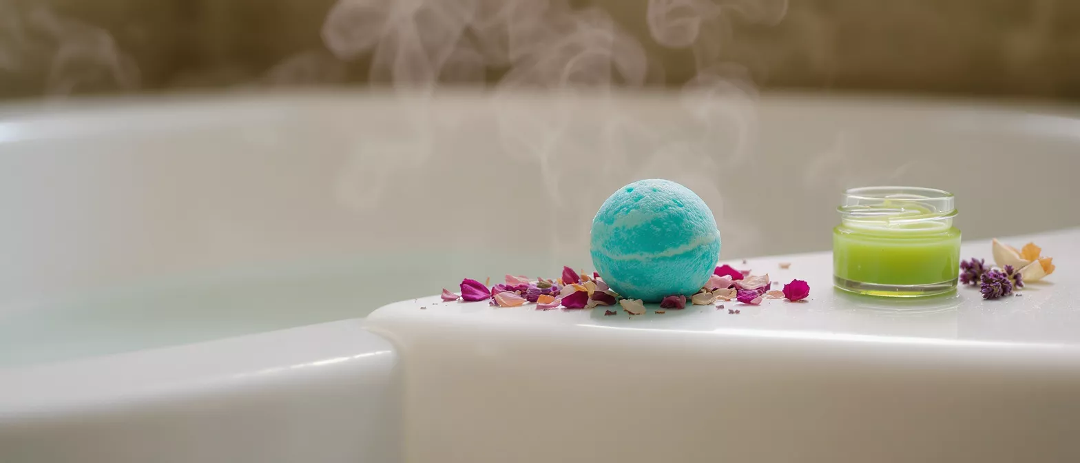 Una bomba de baño azul, pétalos de rosa y un tarro de crema verde en el borde de una bañera.