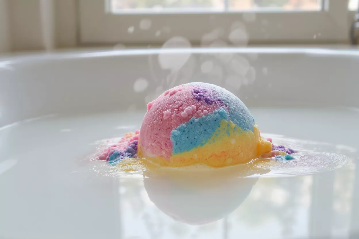 A vibrant, multi-colored bath bomb dissolving in white bath water, creating fizz.