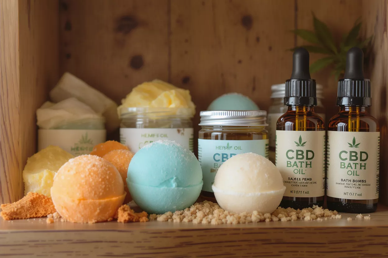 A collection of colorful CBD bath bombs, oils, and body butter on a wooden shelf.