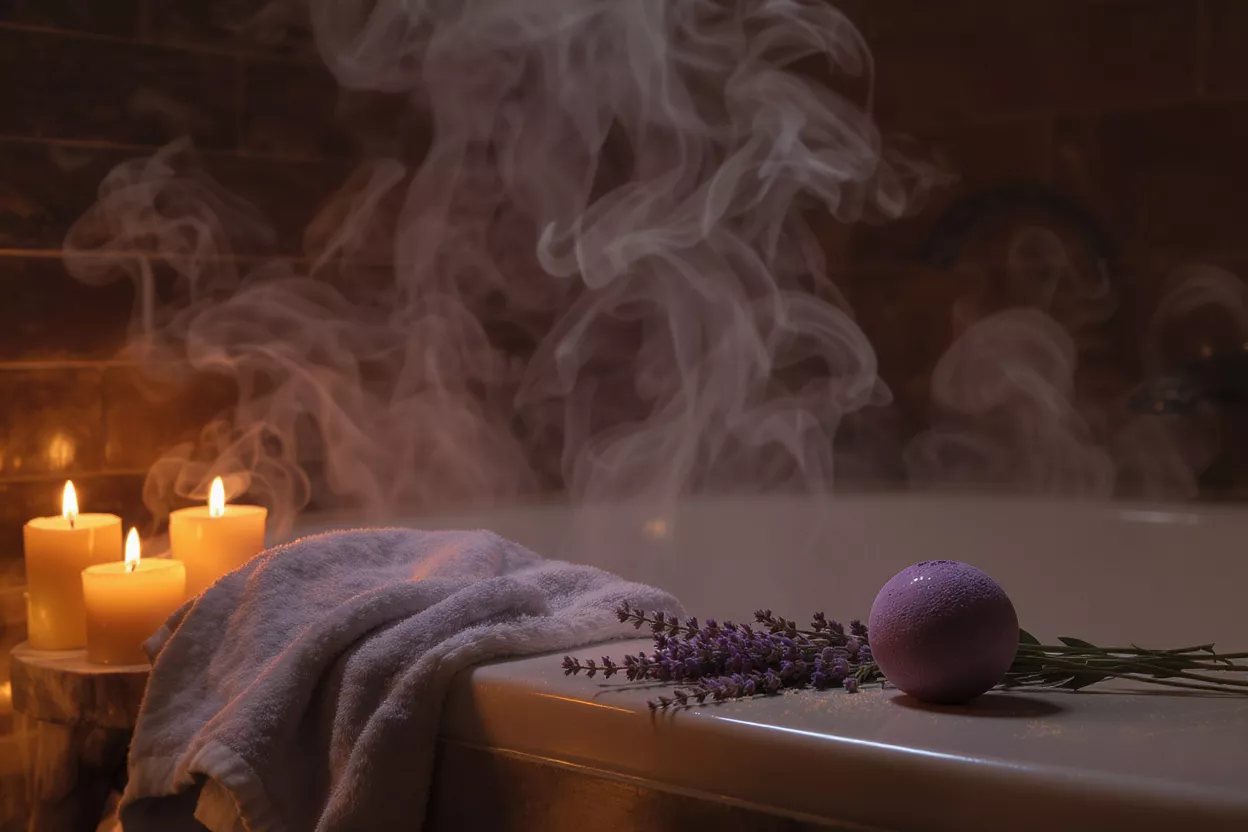 Steaming bath with lavender, bath bomb, towel, and lit candles for relaxation.