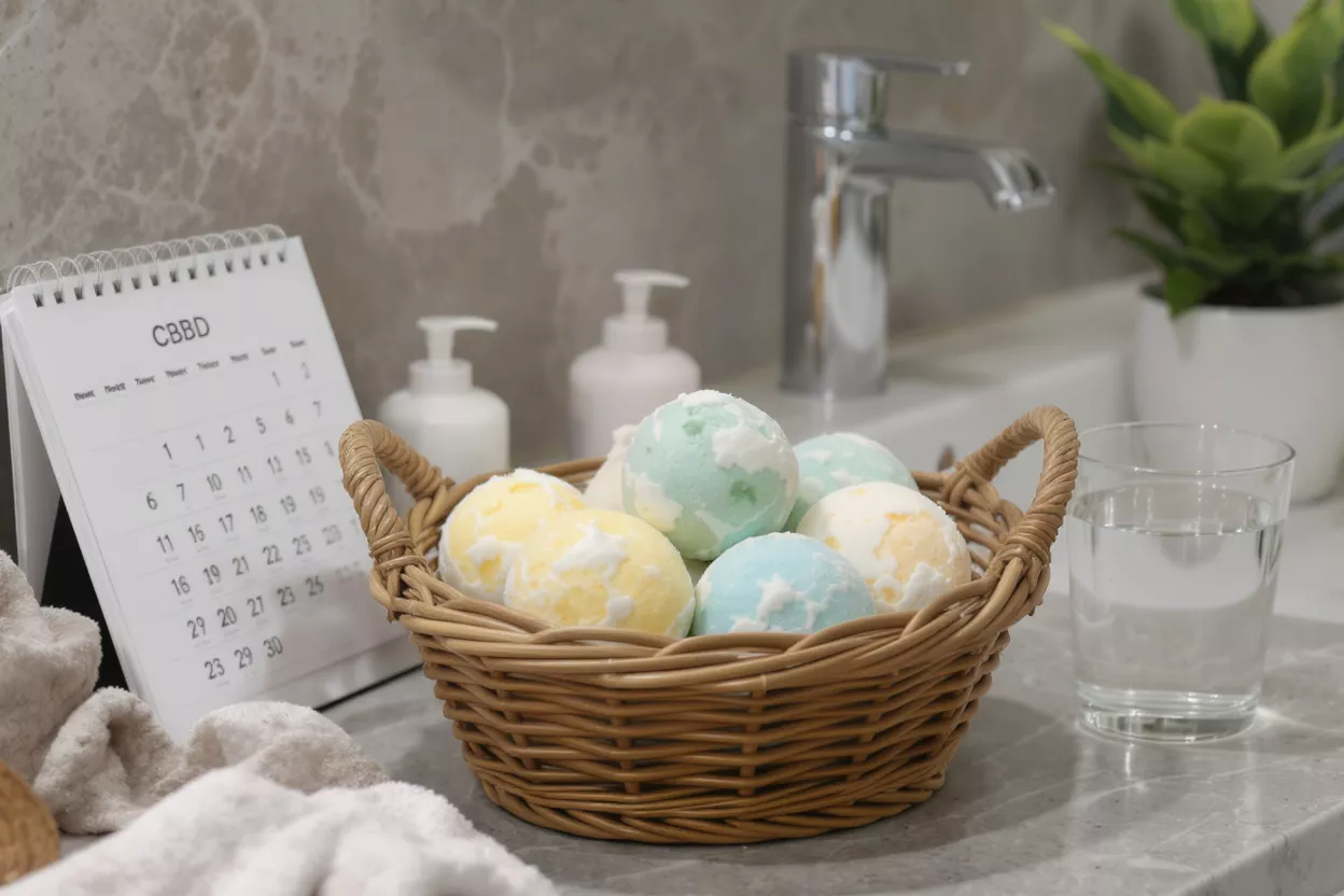 Wicker basket filled with colorful bath bombs on a bathroom counter.