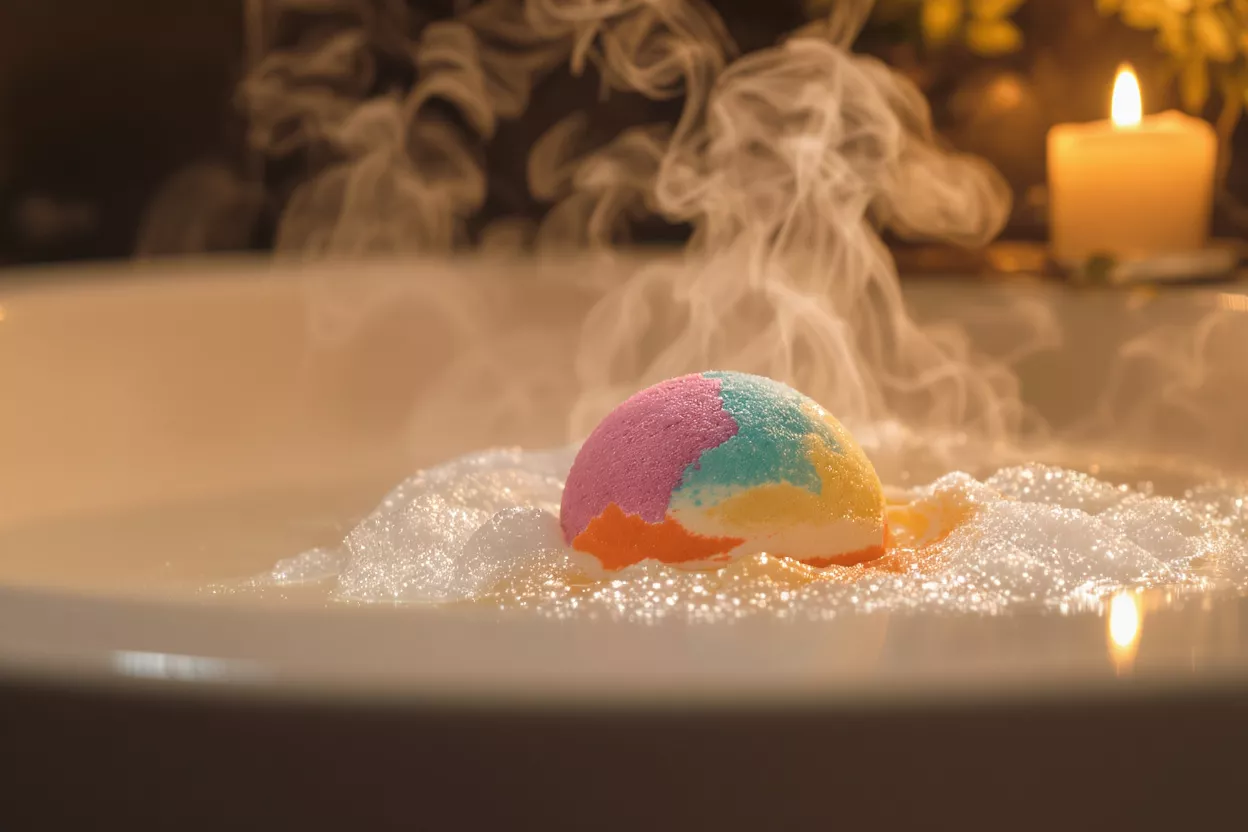 Une main déposant une bombe de bain multicolore et éclatante dans une baignoire blanche et moussante.
