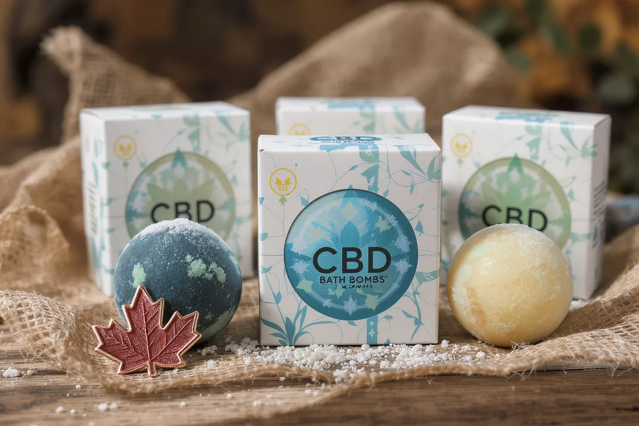 Trois bombes de bain au CBD dans un emballage en papier kraft sur une étagère en bois.