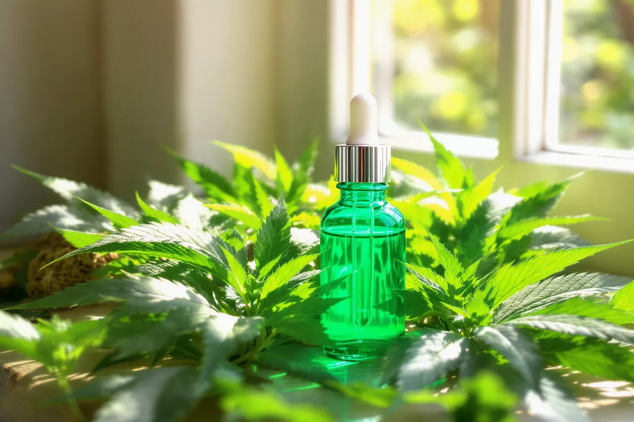 Green CBD oil dropper bottle surrounded by vibrant hemp leaves near a sunlit window.