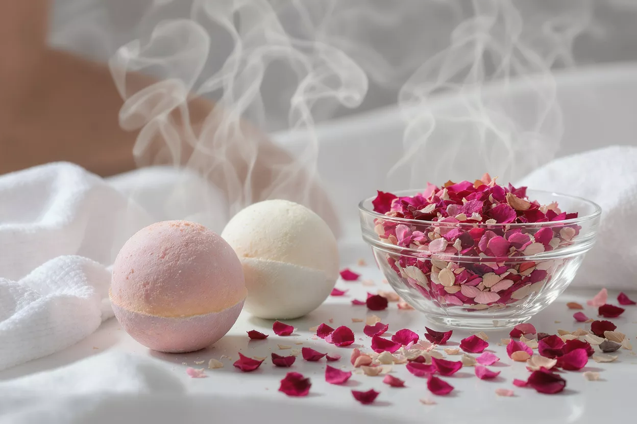 Two bath bombs, pink and white, with a bowl of rose petals and steam.
