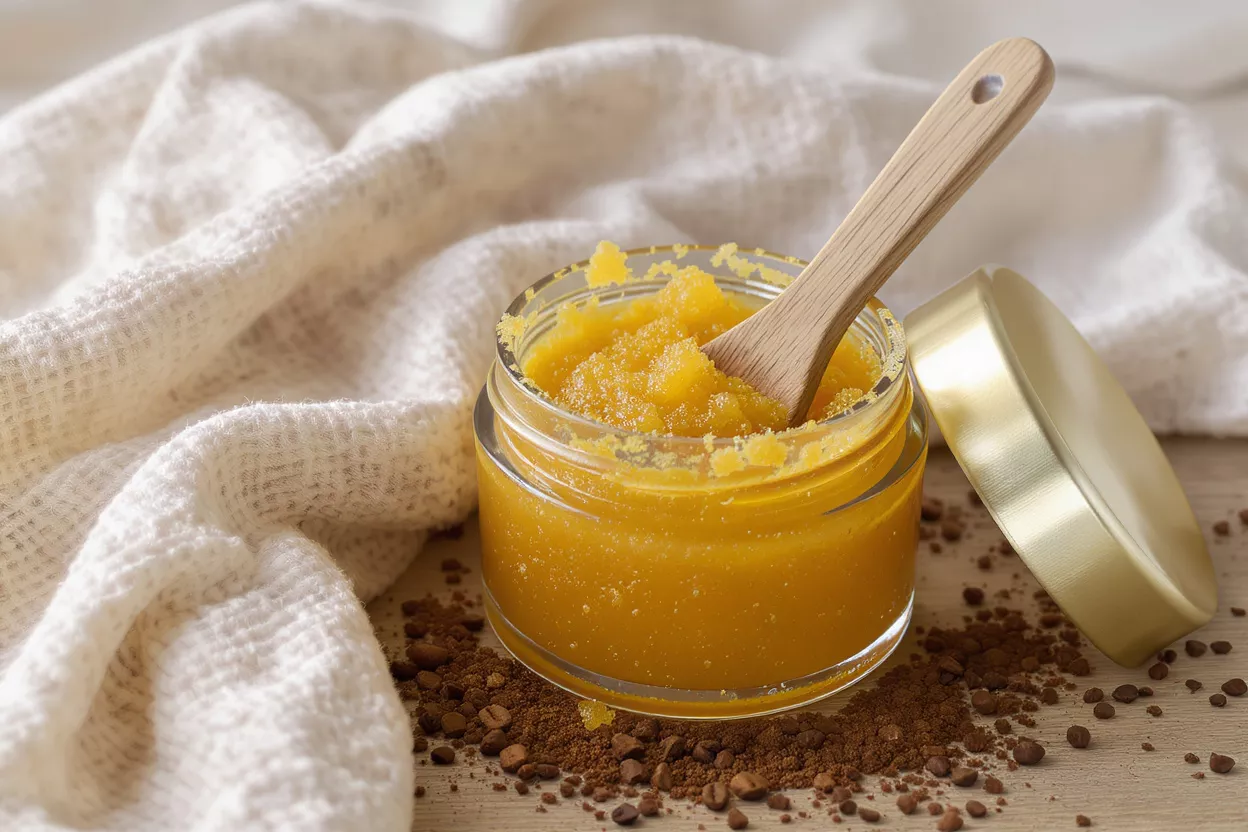A jar of yellow coffee body scrub with a wooden spoon, coffee grounds, and a towel.