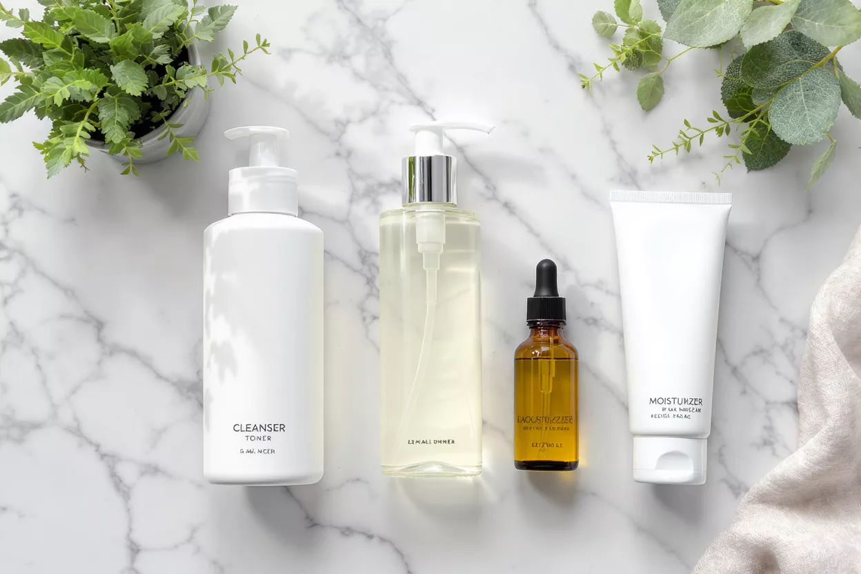 Four minimalist skincare products on a white marble surface with green plants.
