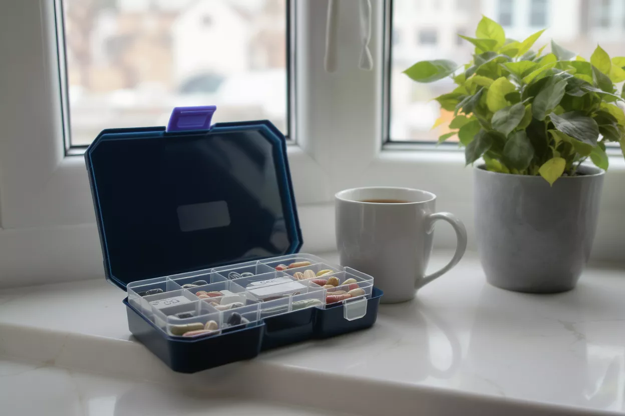 Main tenant une capsule de CBD au-dessus d'une petite fiole à côté d'une tasse de café et d'une montre.