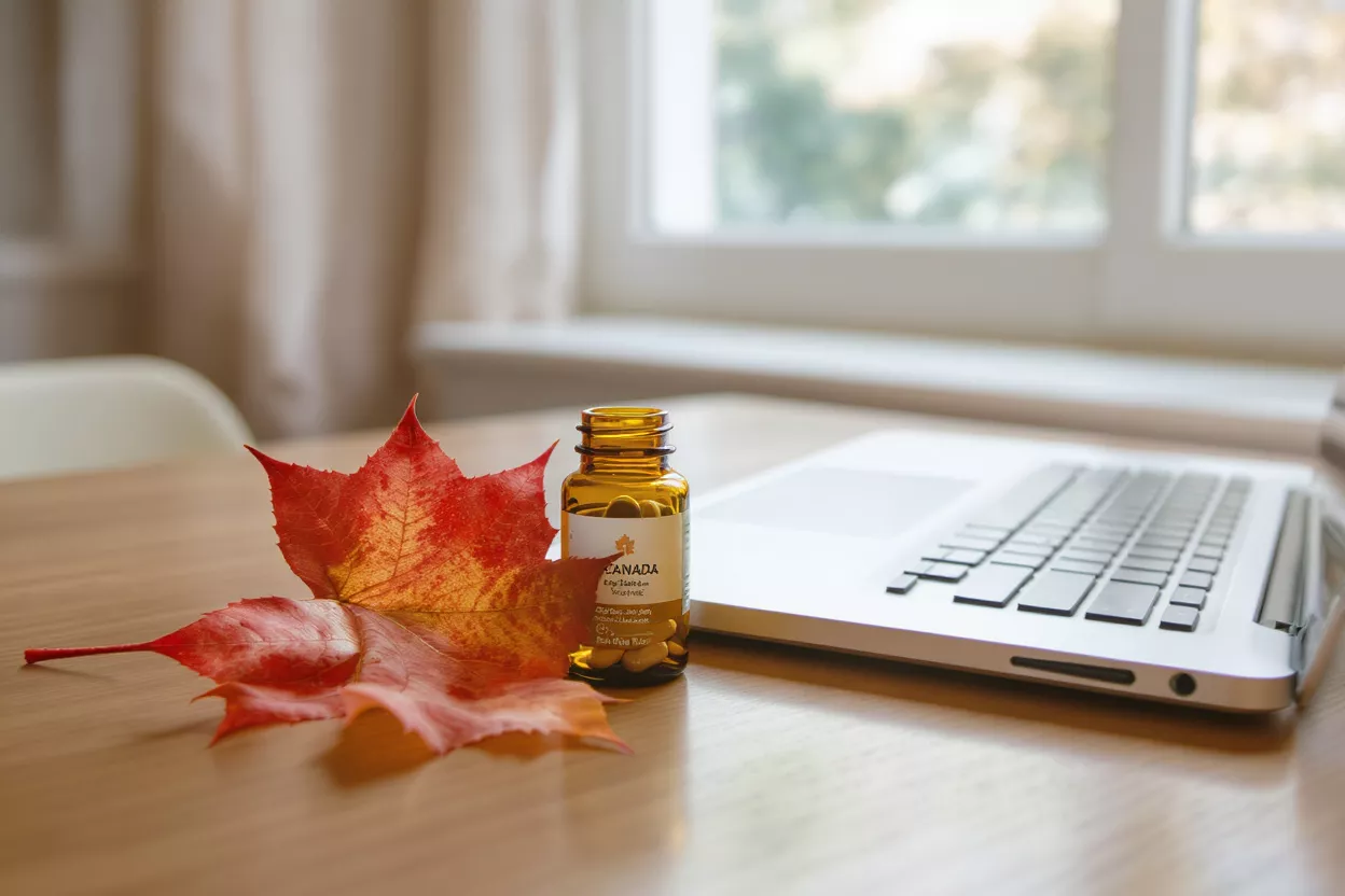 Maple leaf, vitamin bottle, and laptop on a wooden desk by a window.