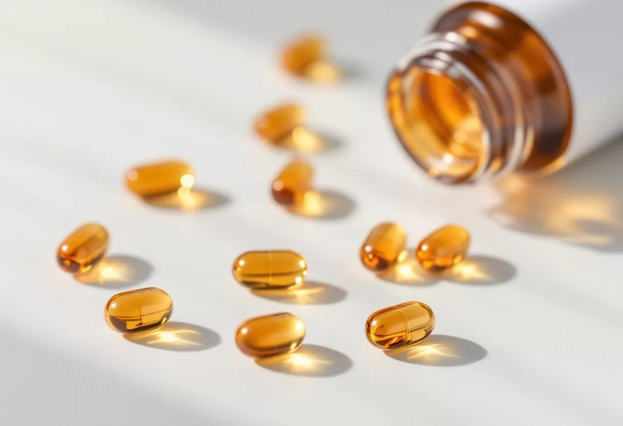 Capsules ambrées éparpillées près d'un flacon ouvert