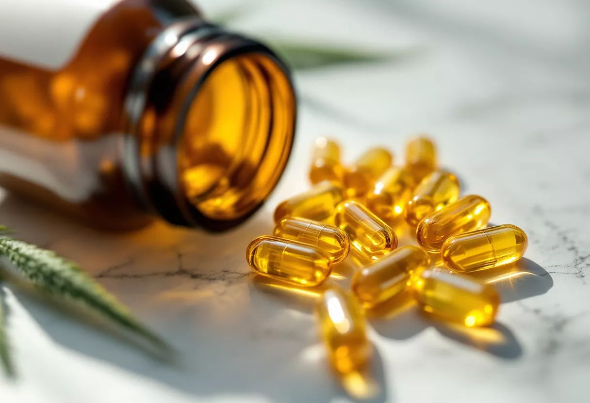 Flacon ambré renversé avec des capsules dorées sur du marbre