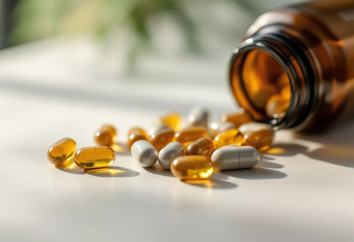 Un assortiment de capsules de vitamines renversées d'un flacon